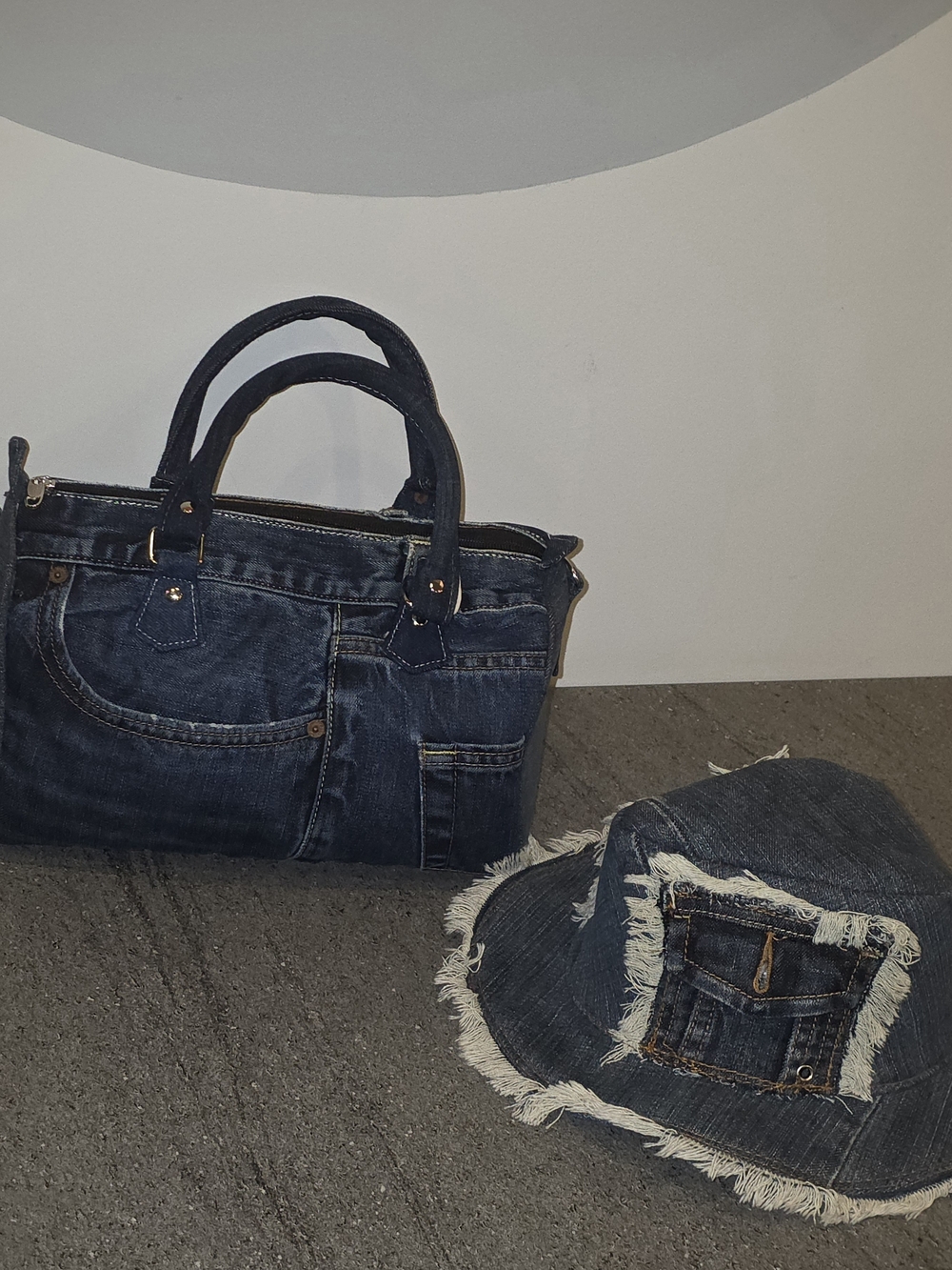 Denim Tote Bag with Matching Bucket Hat - Dark Blue